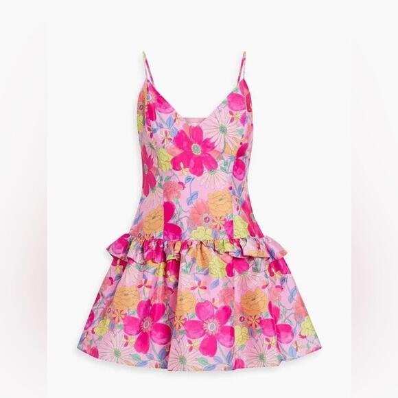 LoveShackFancy Dresses & Skirts - {SOLD} LoveShackFancy “Fabienne” Floral Taffeta Ruffle Satin Mini Dress- Size 6